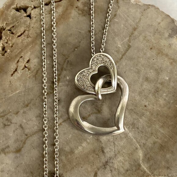 Sterling Silver 925 HOB Double Open Heart Pave Diamond Necklace 19.5" Chain - Picture 16 of 16